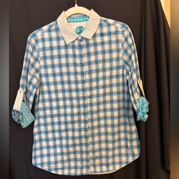 Robert Graham Tops - Robert Graham Blue & White Cotton Checked Collared Shirt Women’s Medium